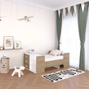 Evolutief bed 90 x 140/170/190 cm met opbergruimte, naturel en wit – GAROLIO