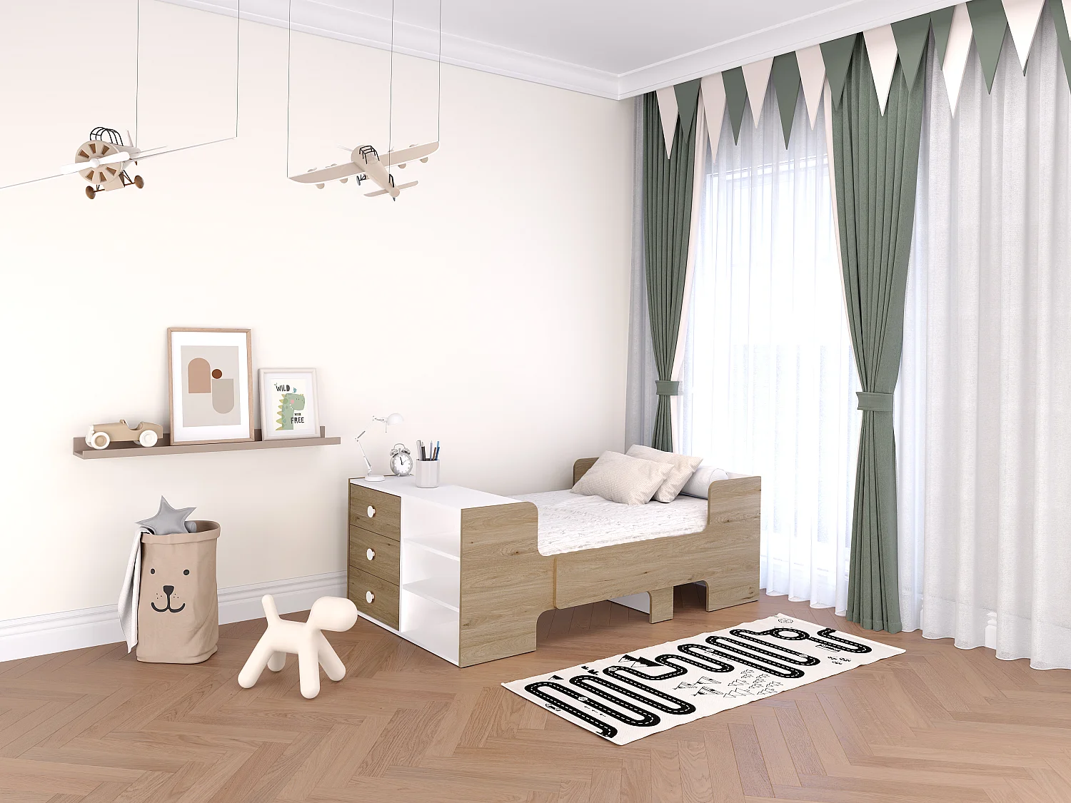 Evolutief bed 90 x 140/170/190 cm met opbergruimte, naturel en wit + matras - GAROLIO