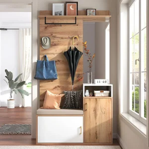Moderne Garderobe Set met Kapstok, Schoenenbank en Spiegel – Wit & Natuurlijk Moderne Garderobe Set met Kapstok, Schoenenbank en Spiegel – Wit & Natuurlijk