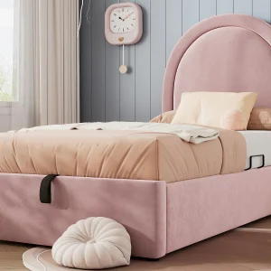 Fluweel gestoffeerd babybed – 90x190cm – met opbergruimte – roze Fluweel gestoffeerd babybed – 90x190cm – met opbergruimte – roze