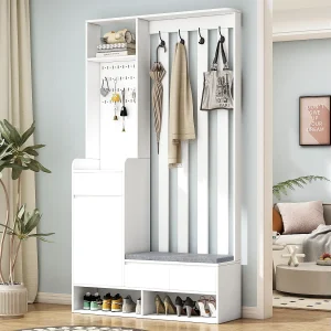 Garderobe met 3 laden, 1 deur en schoenenbank – 100 x 35 x 180 cm – MDF – Wit Garderobe met 3 laden, 1 deur en schoenenbank – 100 x 35 x 180 cm – MDF – Wit