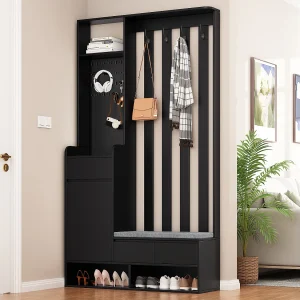 Garderobe met 3 laden, 1 deur en schoenenbank – 100 x 35 x 180 cm – MDF – Zwart Garderobe met 3 laden, 1 deur en schoenenbank – 100 x 35 x 180 cm – MDF – Zwart