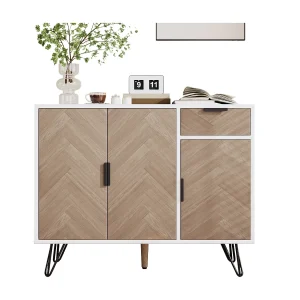 Dressoir met 3 deuren en 1 lade – 90 x 30 x 71,5 cm – verstelbare planken – MDF en spaanplaat – Wit en hout Dressoir met 3 deuren en 1 lade – 90 x 30 x 71,5 cm – verstelbare planken – MDF en spaanplaat – Wit en hout