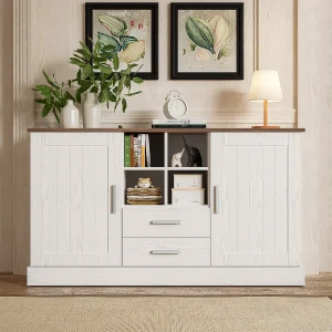 Dressoir met 2 deuren en 2 lades – 140 x 40 x 79,5 cm – Spaanplaat – Wit en bruin Dressoir met 2 deuren en 2 lades – 140 x 40 x 79,5 cm – Spaanplaat – Wit en bruin