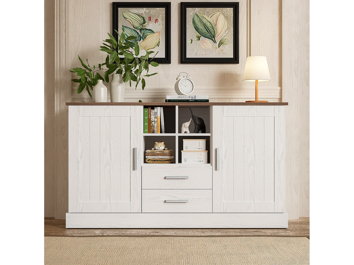 Dressoir met 2 deuren en 2 lades - 140 x 40 x 79,5 cm - Spaanplaat - Wit en bruin