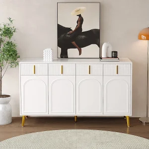 Dressoir met gouden handgrepen en pootjes, 4 deuren, 4 laden, met uitneembaar laminaat, geschikt voor woon- en eetkamer, 140*37,8*82 cm.