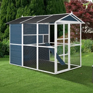 Kippenhok van hout met omheining – 10 kippen – L266 x D174 x H205 cm – Blauw en wit – FERAS