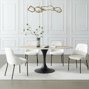 Eettafel voor 8 personen van keramiek en zwart metaal – Beige travertijneffect – ELVA Eettafel voor 8 personen van keramiek en zwart metaal – Beige travertijneffect – ELVA