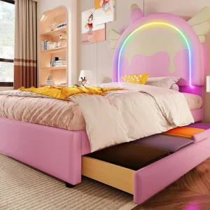 Eenpersoonsbed bekleed met kunstleer 90×200 cm – met LED en 2 lades – Roze Eenpersoonsbed bekleed met kunstleer 90×200 cm – met LED en 2 lades – Roze