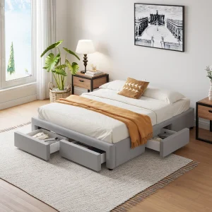Eigentijds bed met laden SACRAMENTO – 140×190 – grijs met 4 laden en stevige polywood structuur Eigentijds bed met laden SACRAMENTO – 140×190 – grijs met 4 laden en stevige polywood structuur