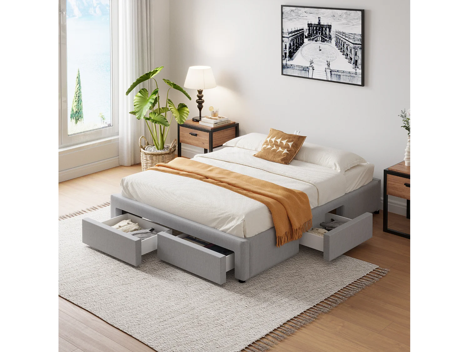 Eigentijds bed met laden SACRAMENTO - 140x190 - grijs met 4 laden en stevige polywood structuur