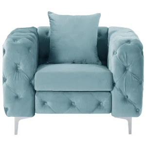 Chesterfield-fauteuil van pastelblauw velours en metalen poten EDWINA