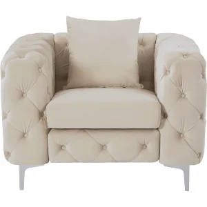 Chesterfield-fauteuil van beige velours en metalen poten EDWINA