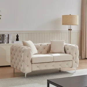 Tweezits-Chesterfield-bank van beige velours en metalen poten EDWINA Tweezits-Chesterfield-bank van beige velours en metalen poten EDWINA
