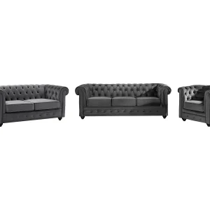Drie- en tweezitsbank en fauteuil van antracietkleurig velours CHESTERFIELD