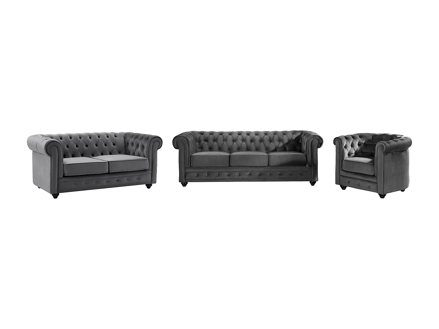 Drie- en tweezitsbank en fauteuil van antracietkleurig velours CHESTERFIELD