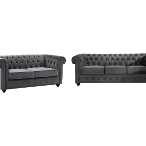 Drie- en tweezitsbank van antracietkleurig velours CHESTERFIELD