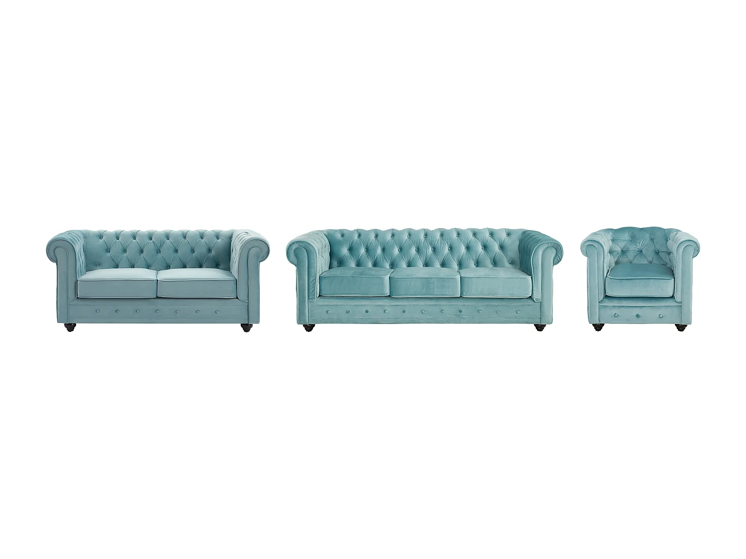 Drie- en tweezitsbank en fauteuil van pastelblauw velours CHESTERFIELD