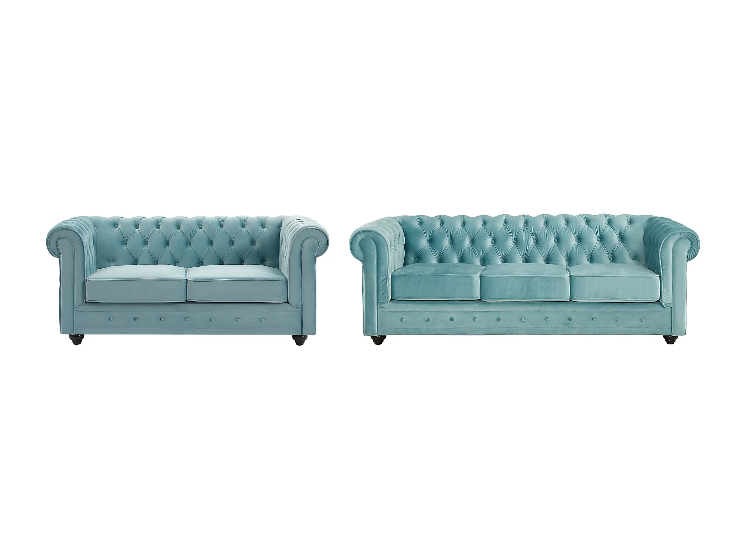 Drie- en tweezitsbank van pastelblauw velours CHESTERFIELD