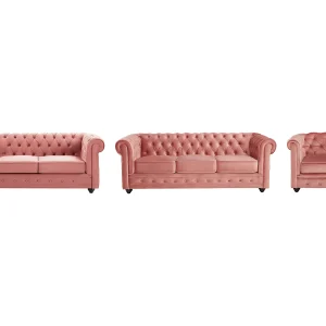 Drie- en tweezitsbank en fauteuil van pastelroze velours CHESTERFIELD