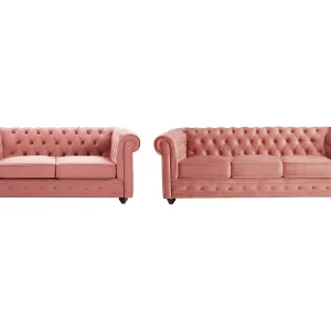 Drie- en tweezitsbank van pastelroze velours CHESTERFIELD