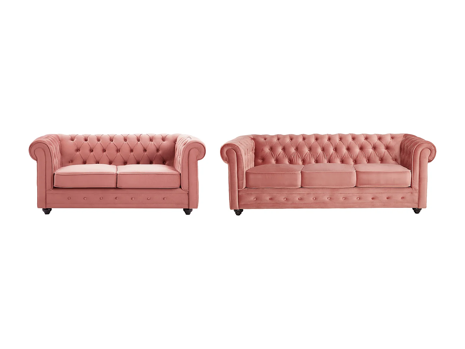 Drie- en tweezitsbank van pastelroze velours CHESTERFIELD