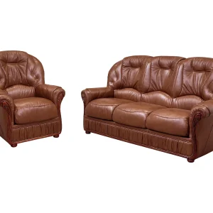 Driezitsbank en fauteuil DAPHNE 100% leer – bruin