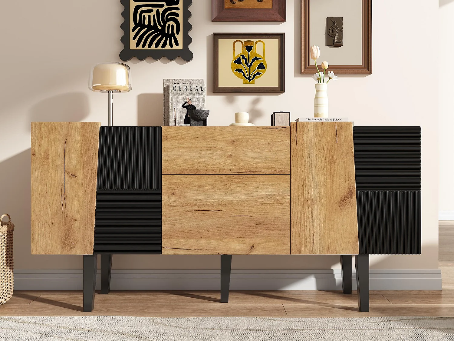 Dressoir met 4 deuren en 2 laden - Naturel & Zwart
