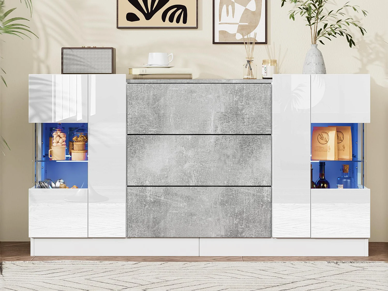 Dressoir met LED - 2 deuren en 3 laden - glanzend wit front en grijze marmerlook - Wit