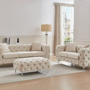 Drie- en tweezits-Chesterfield-bank en -poef van beige velours EDWINA