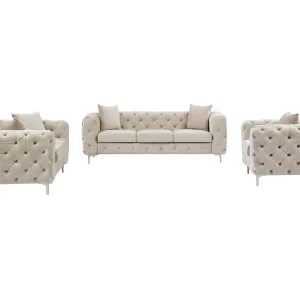 Drie- en tweezits-Chesterfield-bank en -fauteuil van beige velours EDWINA