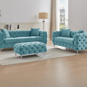 Drie- en tweezits-Chesterfield-bank en -poef van pastelblauw velours EDWINA