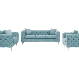 Drie- en tweezits-Chesterfield-bank en -fauteuil van pastelblauw velours EDWINA