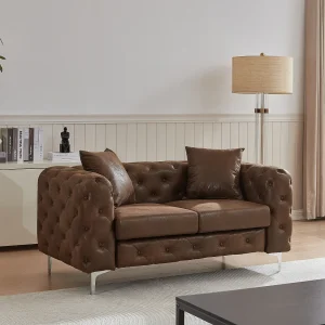 Tweezits-Chesterfield-bank van bruin microvezel met verouderd leereffect EDWINA Tweezits-Chesterfield-bank van bruin microvezel met verouderd leereffect EDWINA