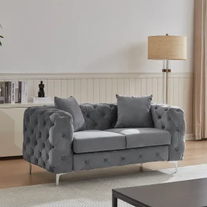 Tweezits-Chesterfield-bank van antracietgrijs velours en metalen poten EDWINA Tweezits-Chesterfield-bank van antracietgrijs velours en metalen poten EDWINA
