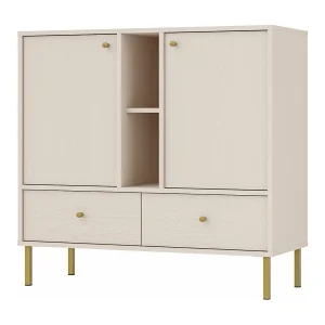 Dressoir met 2 deuren en 2 laden – 100 cm – beige met plank – OKTIO Dressoir met 2 deuren en 2 laden – 100 cm – beige met plank – OKTIO