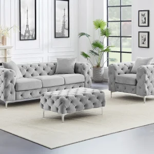 Driezits-Chesterfield-bank, -fauteuil en -poef van lichtgrijs velours EDWINA Driezits-Chesterfield-bank, -fauteuil en -poef van lichtgrijs velours EDWINA