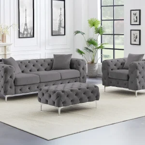 Driezits-Chesterfield-bank, -fauteuil en -poef van antracietgrijs velours EDWINA Driezits-Chesterfield-bank, -fauteuil en -poef van antracietgrijs velours EDWINA