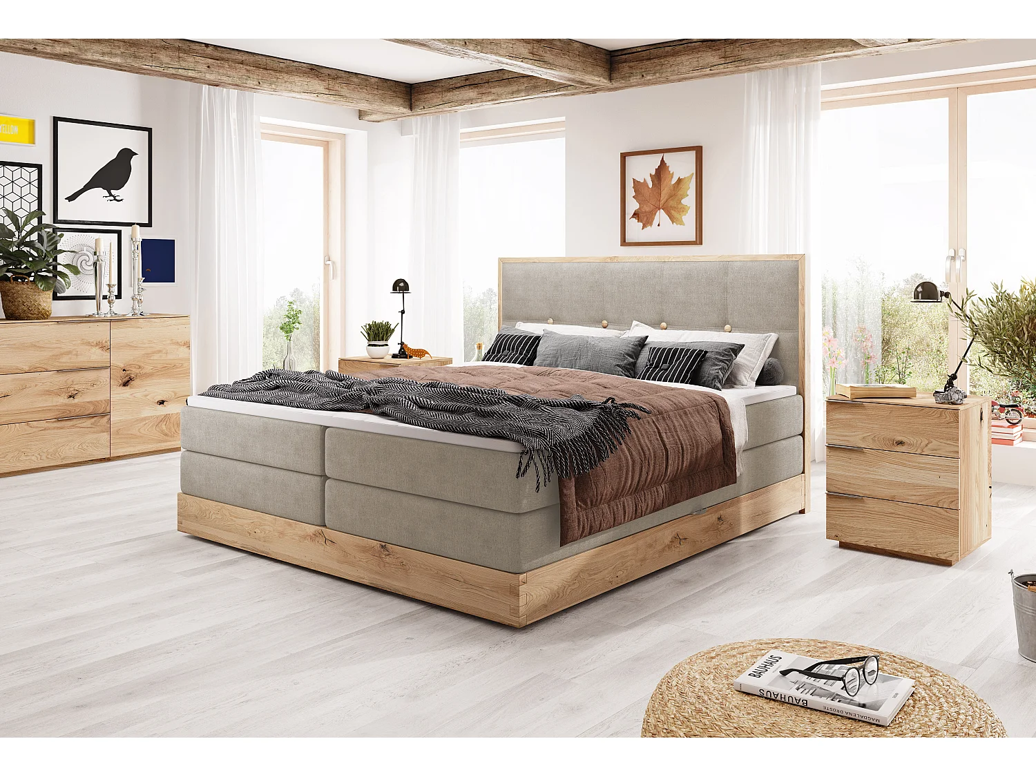 ELLI commodebed met elegant hoofdbord, ruime opbergmogelijkheden en modern design, Afmeting: 140x200 cm, Kleur: Ash