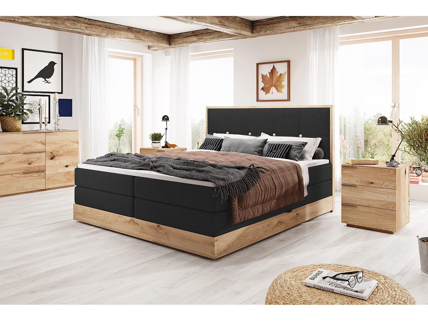 ELLI commodebed met elegant hoofdbord, ruime opbergmogelijkheden en modern design, Afmeting: 140x200 cm, Kleur: Zwart