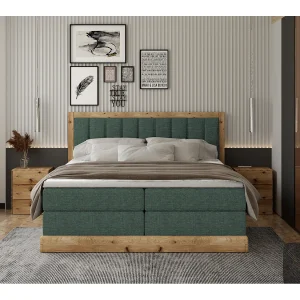 Elegante gepolsterde bed ALMA – Functioneel ontwerp van eikenhout, 7-zone pocketvering, 180×200 cm – Kleur: Donkergroen