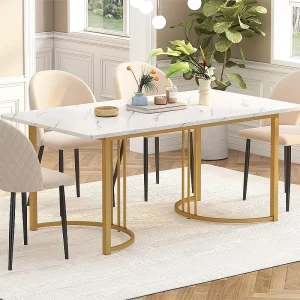 Eettafel 140×80 cm met verstelbare poten – metalen structuur – marmerpatroon fineer – Wit & Goud Eettafel 140×80 cm met verstelbare poten – metalen structuur – marmerpatroon fineer – Wit & Goud