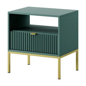 Elegante nachttafel Nova – Ontwerp met gouden handgreep, Geriffelde voorkant, Praktisch & Modern, 54x56x39 cm, Mat labrador, Gouden metalen poten Elegante nachttafel Nova – Ontwerp met gouden handgreep, Geriffelde voorkant, Praktisch & Modern, 54x56x39 cm, Mat labrador, Gouden metalen poten