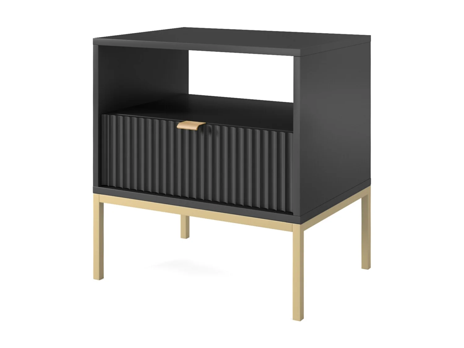 Elegante nachttafel Nova – Ontwerp met gouden handgreep, Geriffelde voorkant, Praktisch & Modern, 54x56x39 cm, Mat zwart, Gouden metalen poten