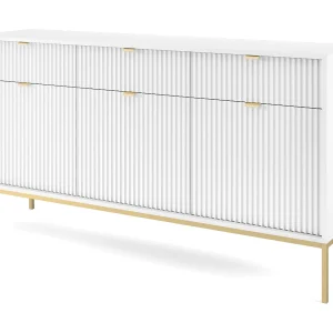 Elegante commode DomoHome NOVA – 154x83x39cm, Geriffelde voorkant, Gouden handgrepen, Veelzijdig ontwerp, 3 lades en 3 deuren, Wit, Gouden lijst Elegante commode DomoHome NOVA – 154x83x39cm, Geriffelde voorkant, Gouden handgrepen, Veelzijdig ontwerp, 3 lades en 3 deuren, Wit, Gouden lijst