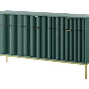 Elegante commode DomoHome NOVA – 154x83x39cm, Geriffelde voorkant, Gouden handgrepen, Veelzijdig ontwerp, 3 lades en 3 deuren, Labrador, Gouden lijst Elegante commode DomoHome NOVA – 154x83x39cm, Geriffelde voorkant, Gouden handgrepen, Veelzijdig ontwerp, 3 lades en 3 deuren, Labrador, Gouden lijst