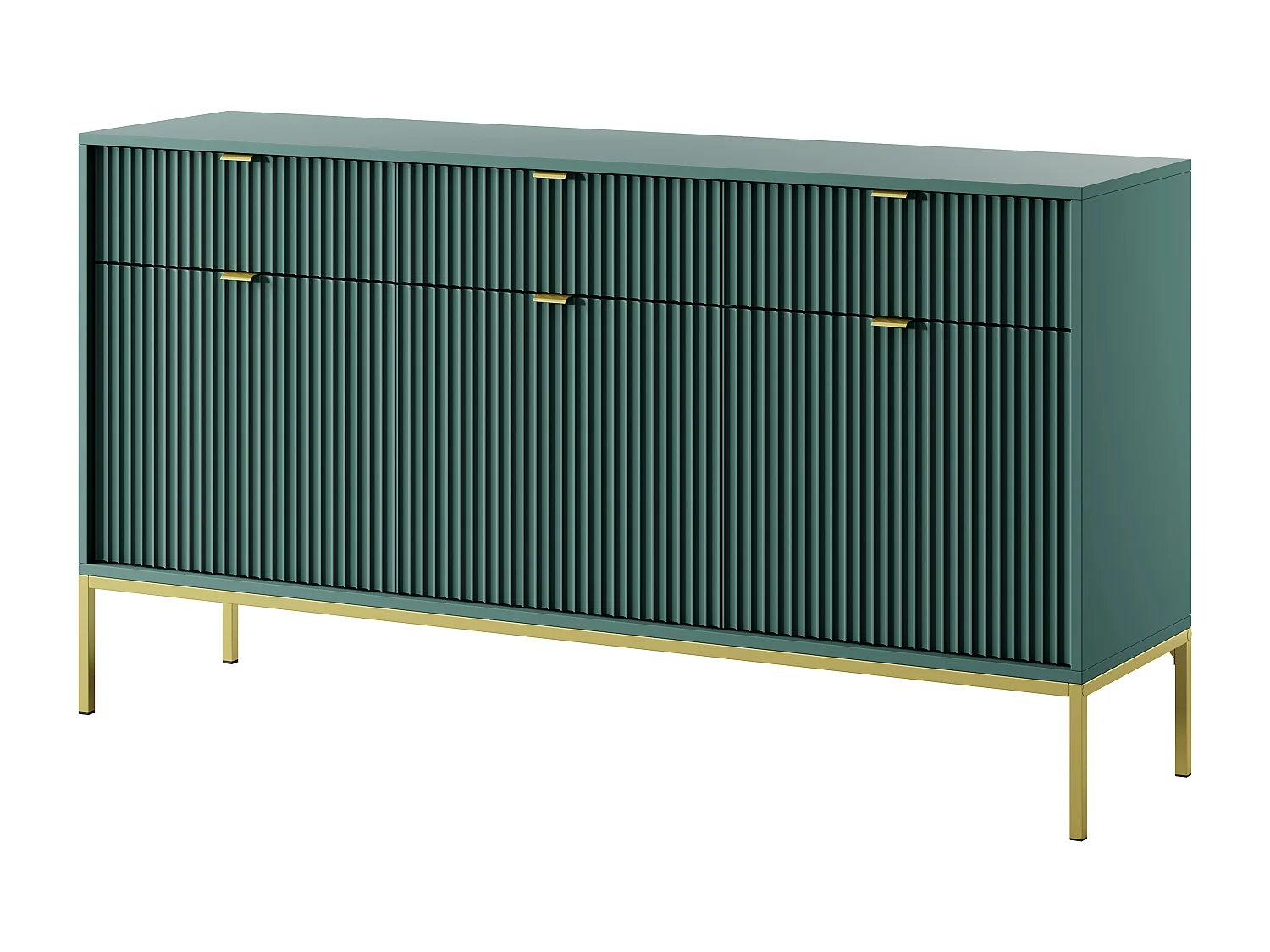 Elegante commode DomoHome NOVA – 154x83x39cm, Geriffelde voorkant, Gouden handgrepen, Veelzijdig ontwerp, 3 lades en 3 deuren, Labrador, Gouden lijst