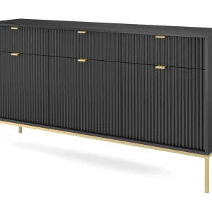 Elegante commode DomoHome NOVA – 154x83x39cm, Geriffelde voorkant, Gouden handgrepen, Veelzijdig ontwerp, 3 lades en 3 deuren, Zwart, Gouden lijst Elegante commode DomoHome NOVA – 154x83x39cm, Geriffelde voorkant, Gouden handgrepen, Veelzijdig ontwerp, 3 lades en 3 deuren, Zwart, Gouden lijst