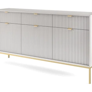 Elegante commode DomoHome NOVA – 154x83x39cm, Geriffelde voorkant, Gouden handgrepen, Veelzijdig ontwerp, 3 lades en 3 deuren, Grijs, Gouden lijst Elegante commode DomoHome NOVA – 154x83x39cm, Geriffelde voorkant, Gouden handgrepen, Veelzijdig ontwerp, 3 lades en 3 deuren, Grijs, Gouden lijst