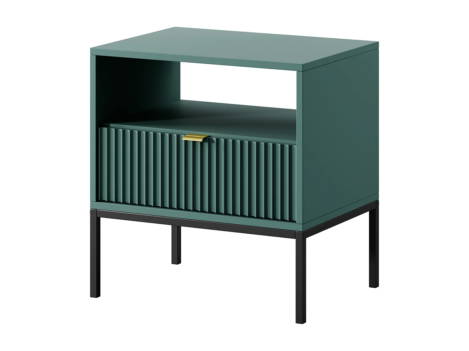 Elegante nachttafel Nova – Ontwerp met gouden handgreep, Geriffelde voorkant, Praktisch & Modern, 54x56x39 cm, Mat labrador, Zwarte metalen poten